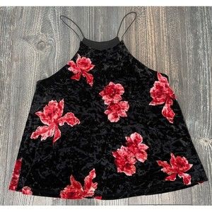 Vtg‎ 90s Y2K Cami Black Crushed Velvet Small Tank Top Criss Cross Roses Floral